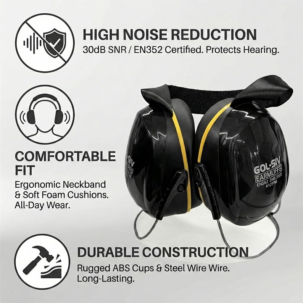 GOL-SIV SNR30dB earmuffs soft foam earpads for long-wear comfort.