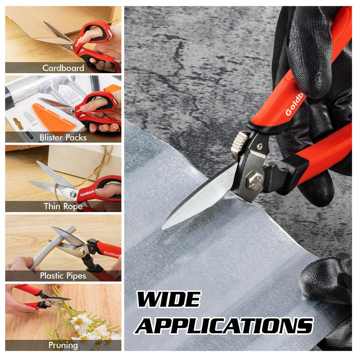 Goldblatt 10-inch stainless steel scissors offer longer reach for thicker materials.
