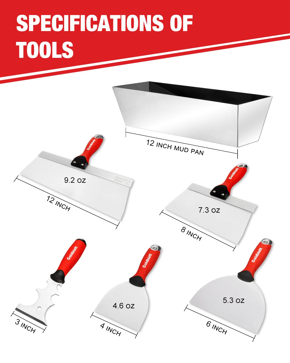 Goldblatt 12-inch taping knife for extended coverage and smooth finishes.