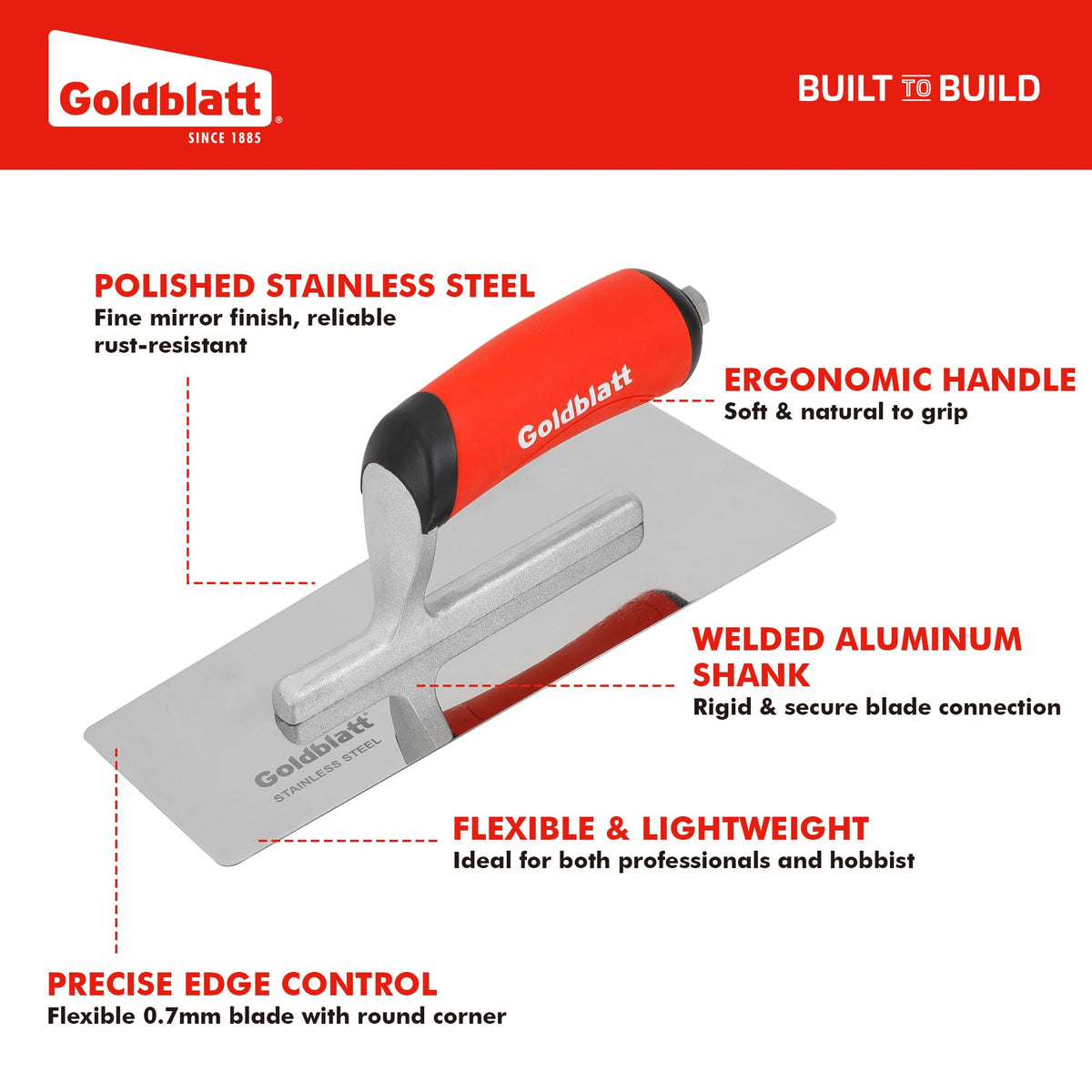 Beveled trapezoid blade guides even application on decorative surfaces.