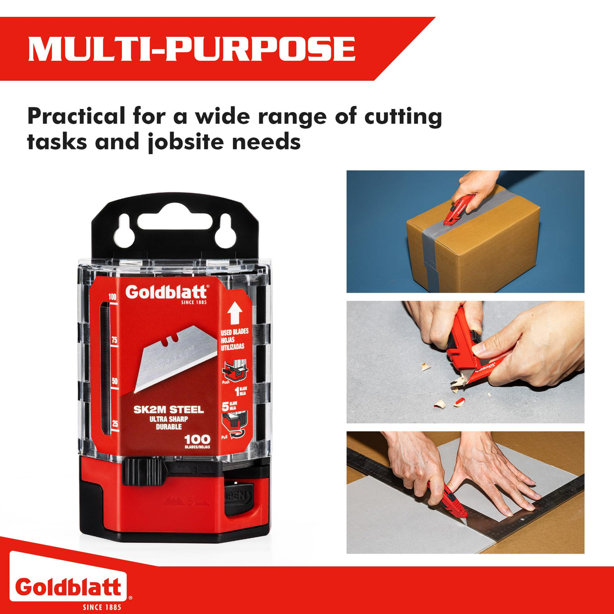 Goldblatt blades cutting cardboard, leather, and linoleum in real-world projects