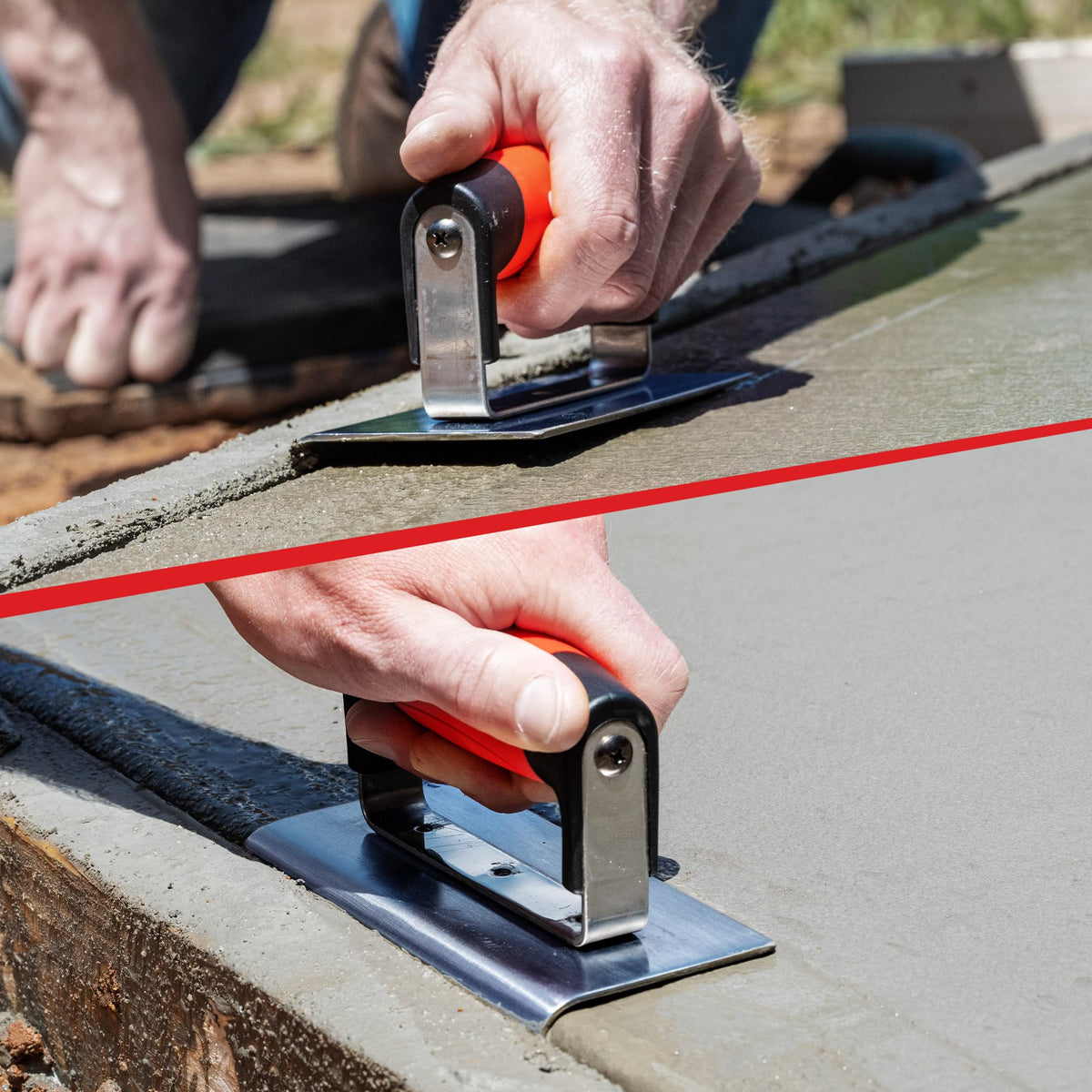 Goldblatt concrete finishing tool in action on a curb edge