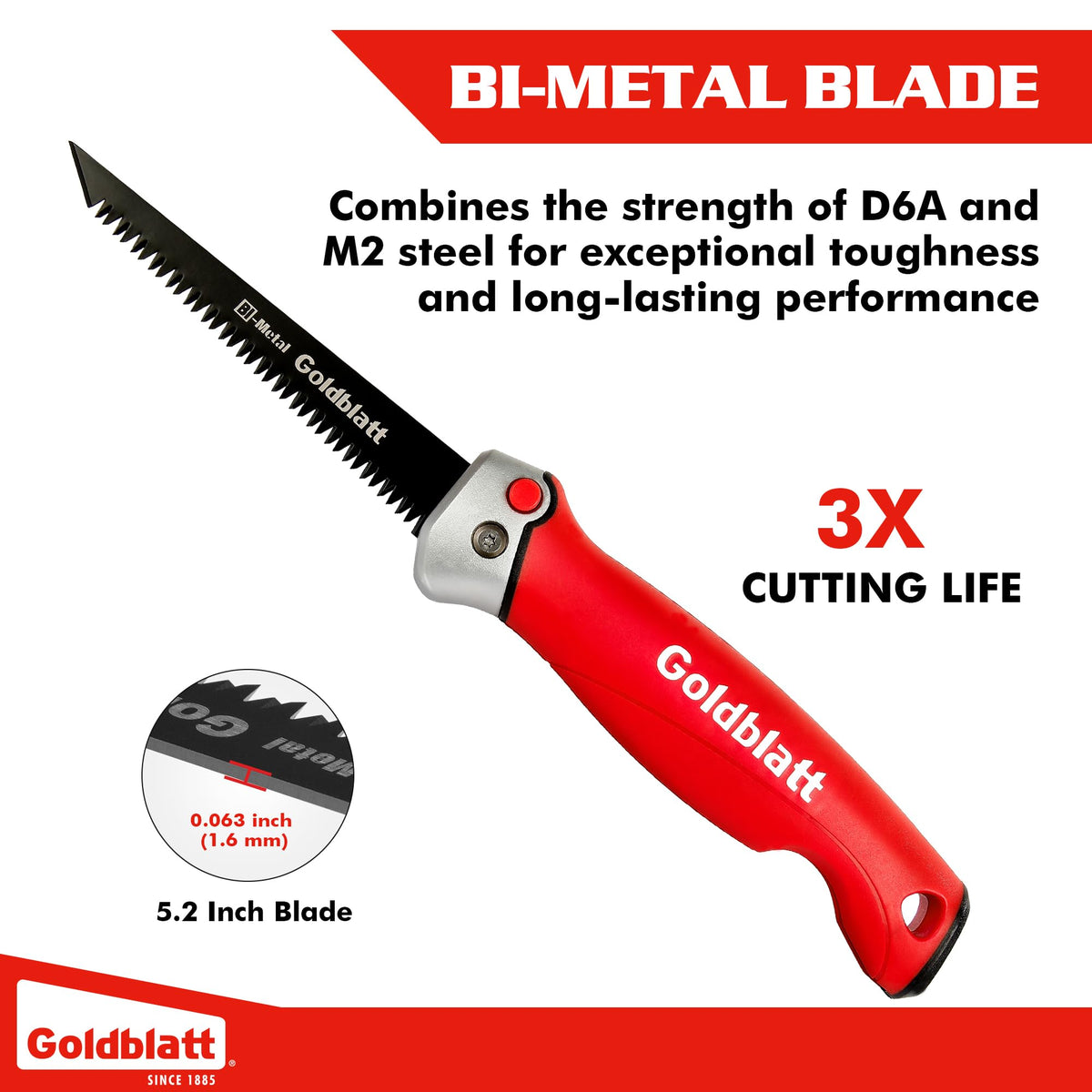 Goldblatt drywall saw soft grip handle provides comfortable cutting.