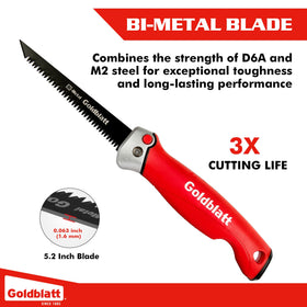 Goldblatt drywall saw soft grip handle provides comfortable cutting.
