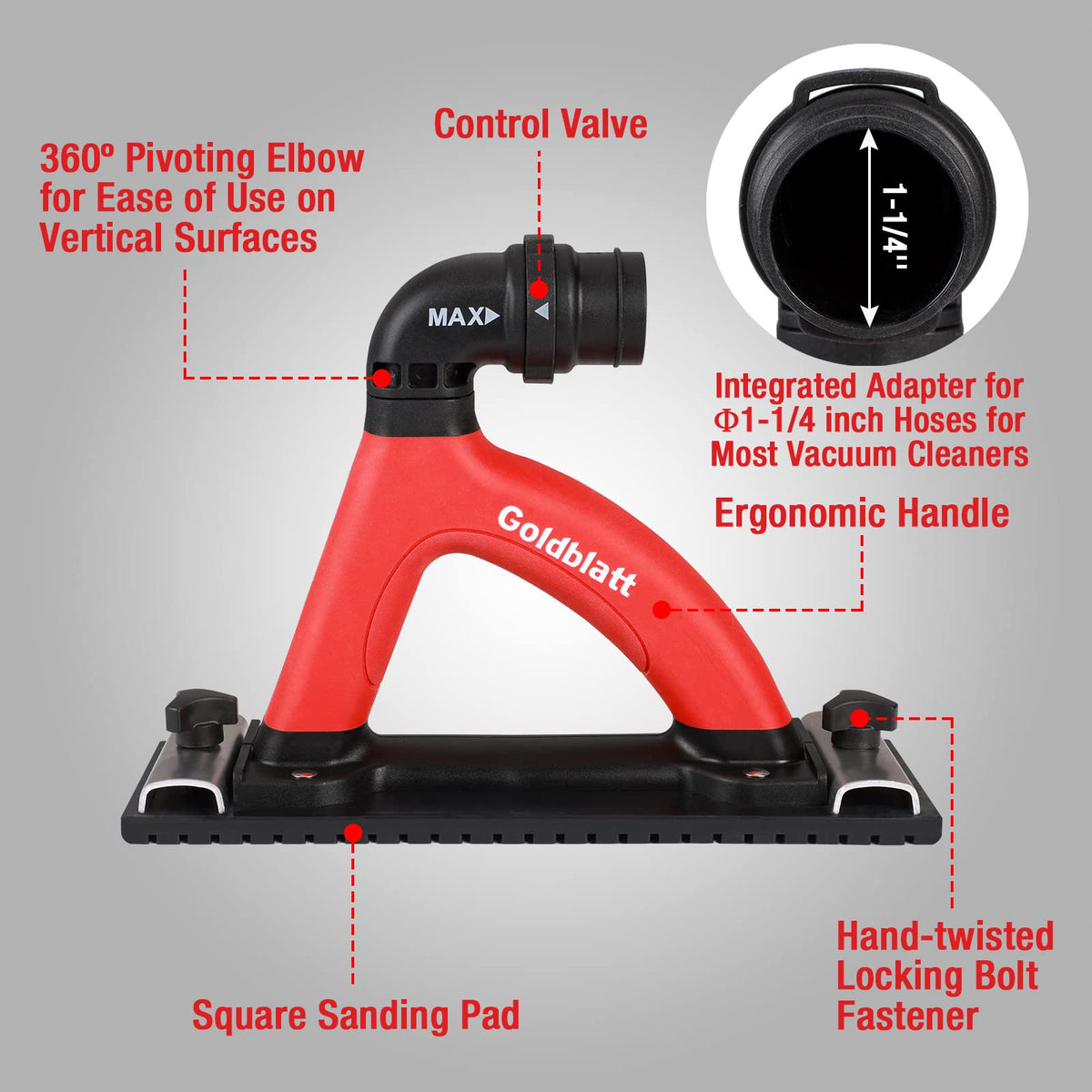 Goldblatt dust-free hand sander with 6.5ft hose for extended reach.