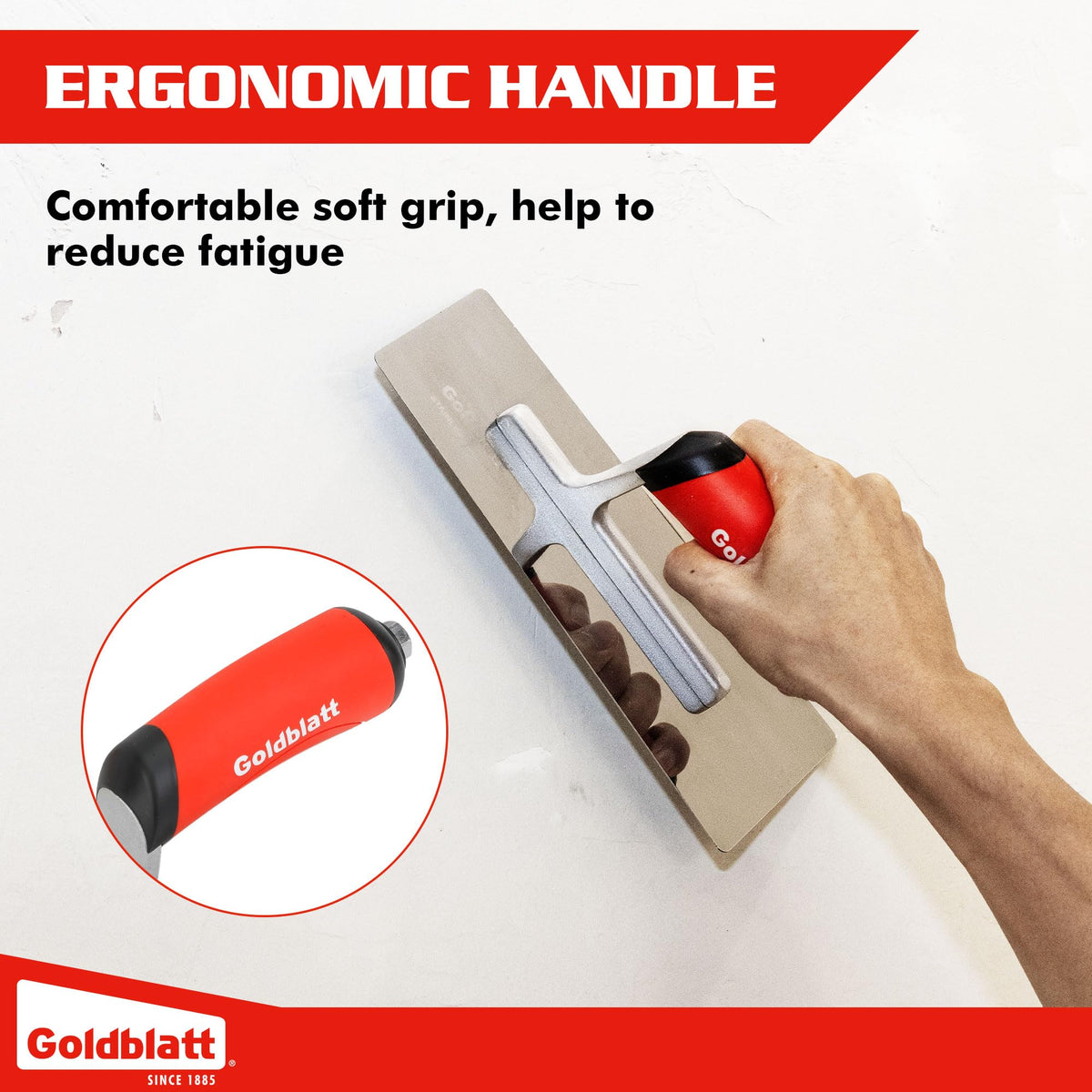Ergonomic soft-grip handle reduces fatigue during long plastering sessions.