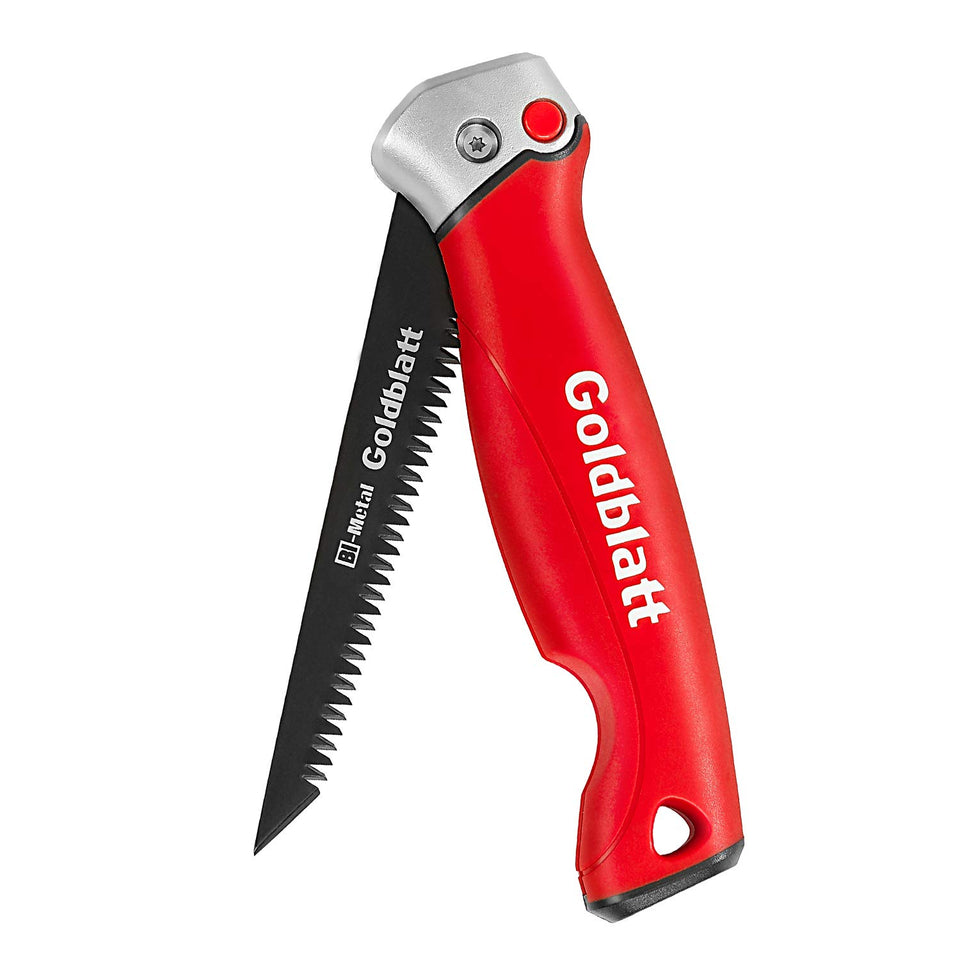 Goldblatt folding drywall saw blade close-up highlights sharp teeth for clean cuts.