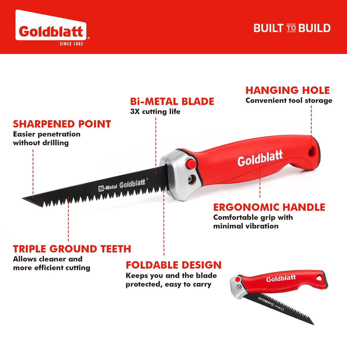 Goldblatt folding drywall saw extended length helps reach corners.