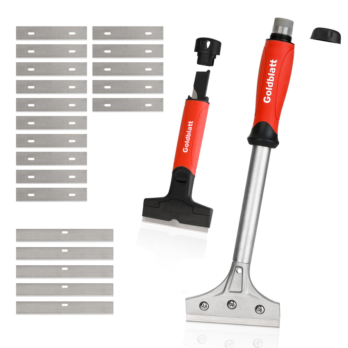 Goldblatt glass scraper set with blade storage demonstrates easy blade swaps