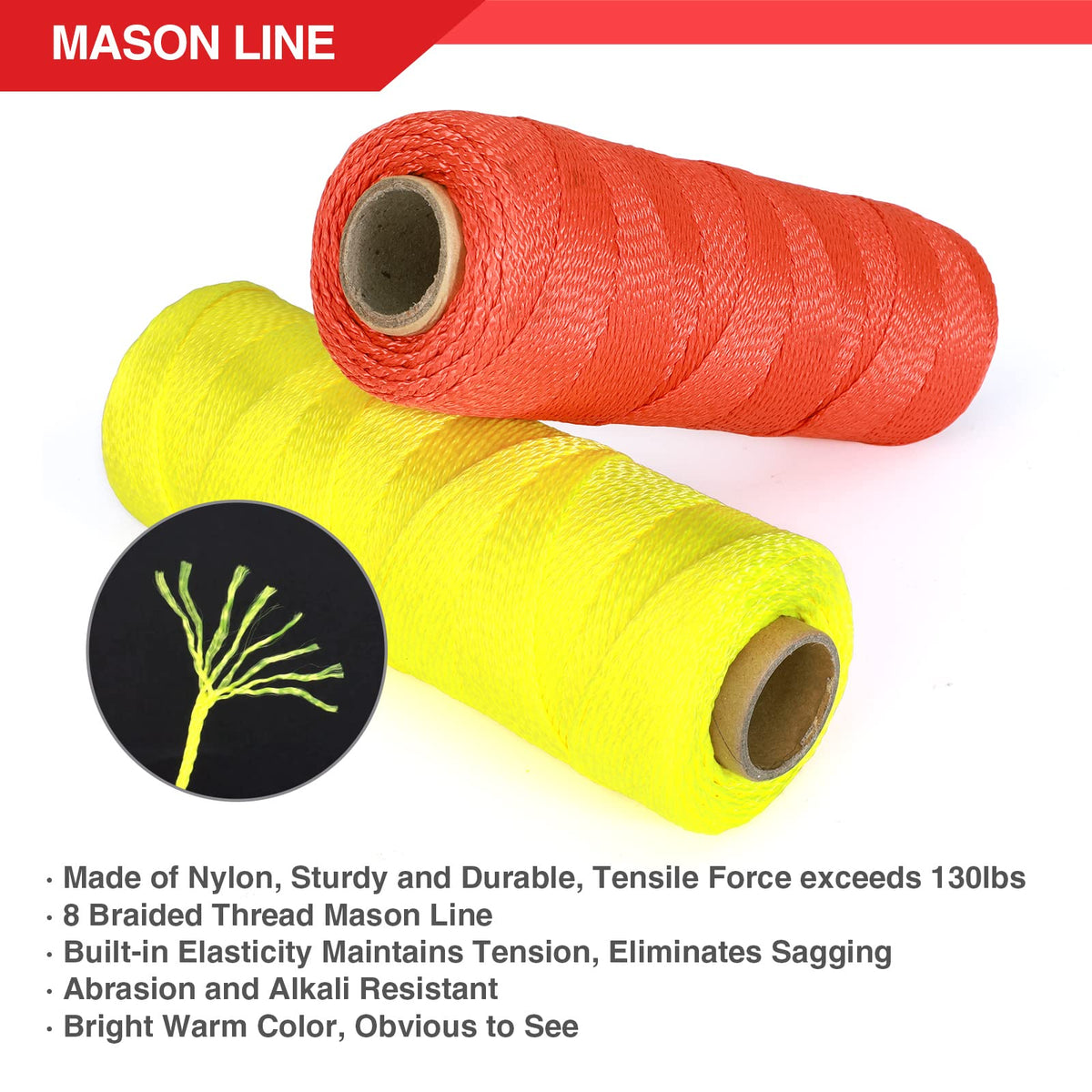 Goldblatt mason line rolls in red and orange improve visibility on site.