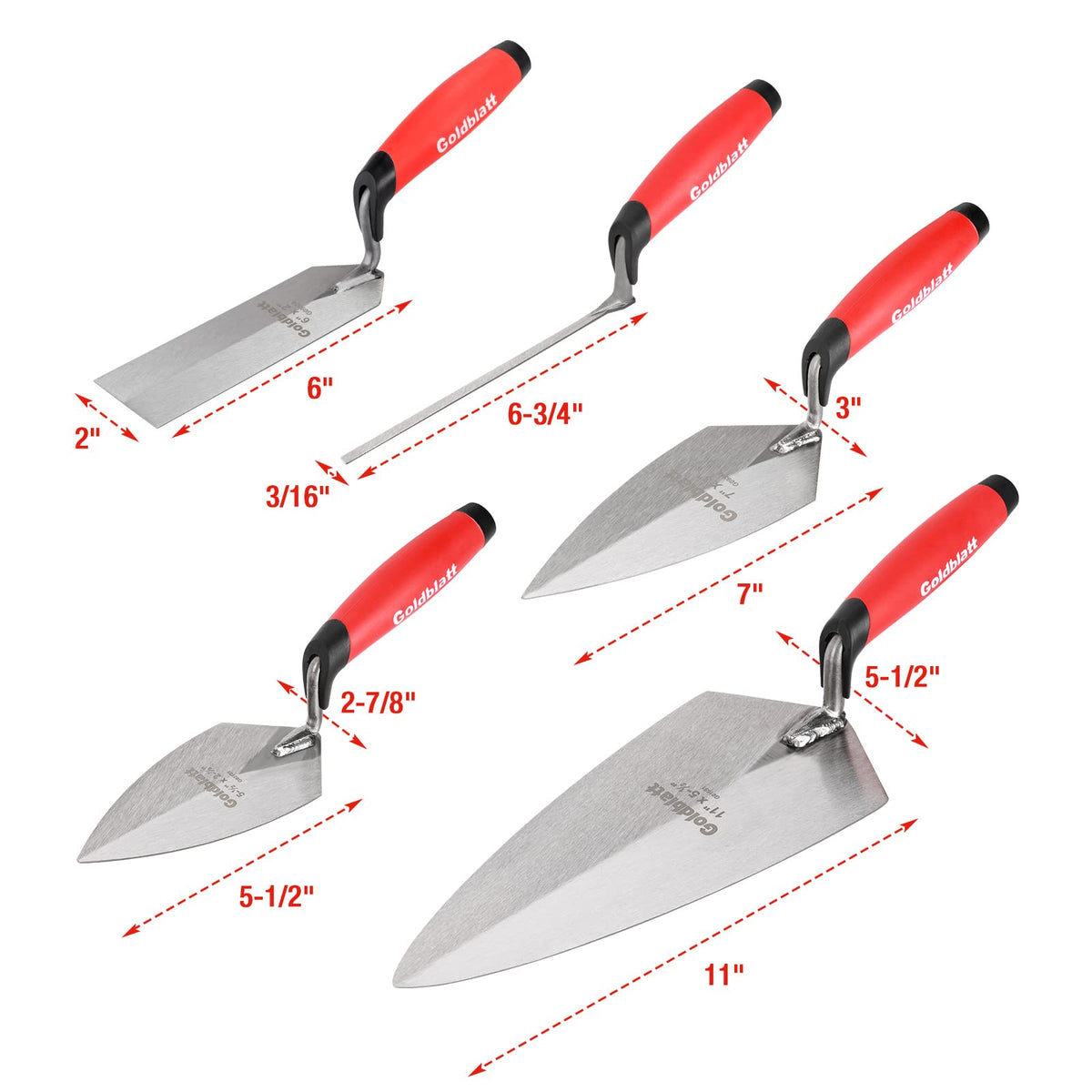 Goldblatt 5-1/2 inch pointed trowel for clean edge work and tight joints.