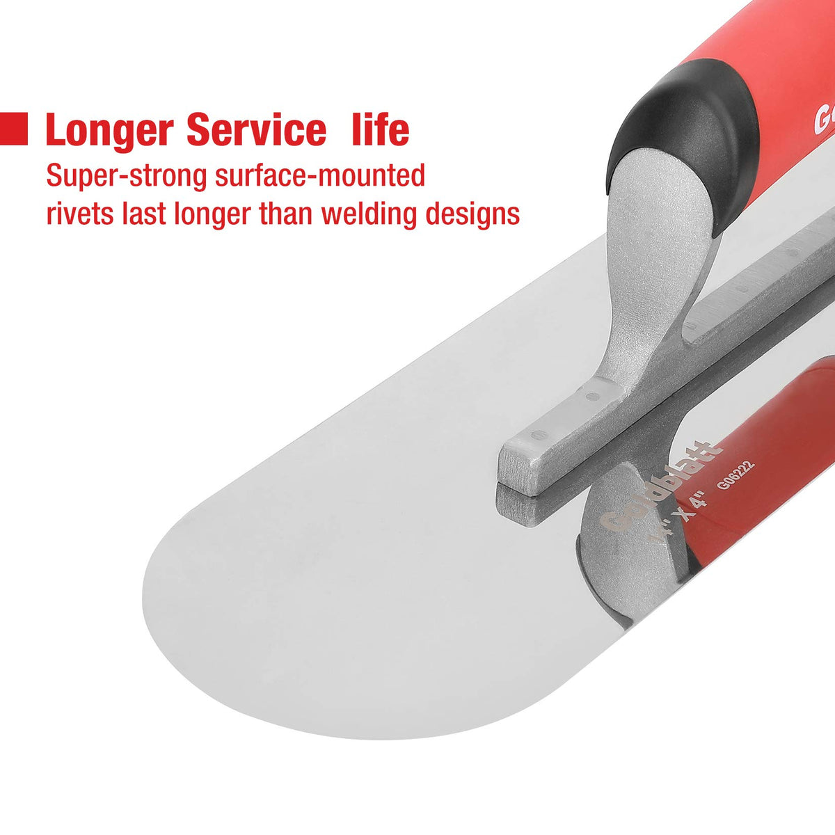 Goldblatt pool trowel with 14x4 inch blade and round end for precision.