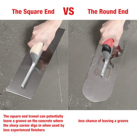 Goldblatt trowel with surface-mounted rivets provides stronger durability.