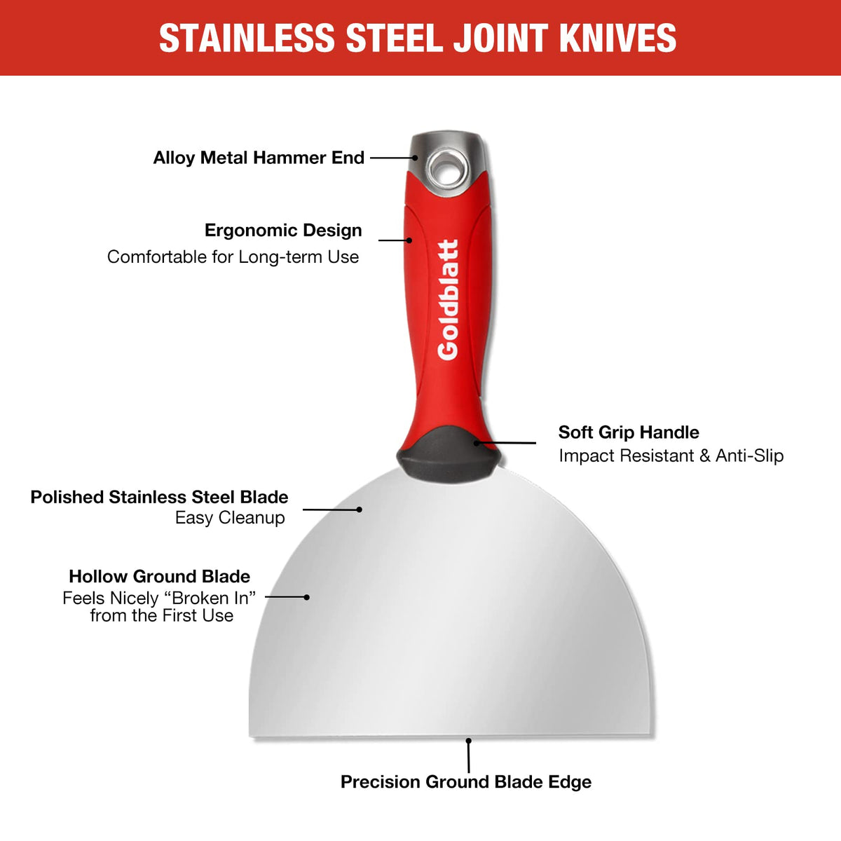 Goldblatt Premium Joint Knife 6-inch stainless steel blade for easy cleanup.