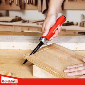 Goldblatt saw fits in tool bag for on-site versatility.
