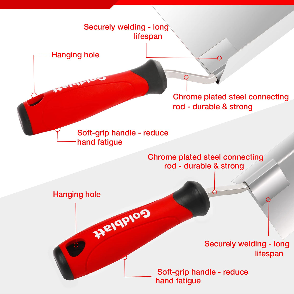 Goldblatt stainless steel blades close-up showing rust-resistant, durable finish.