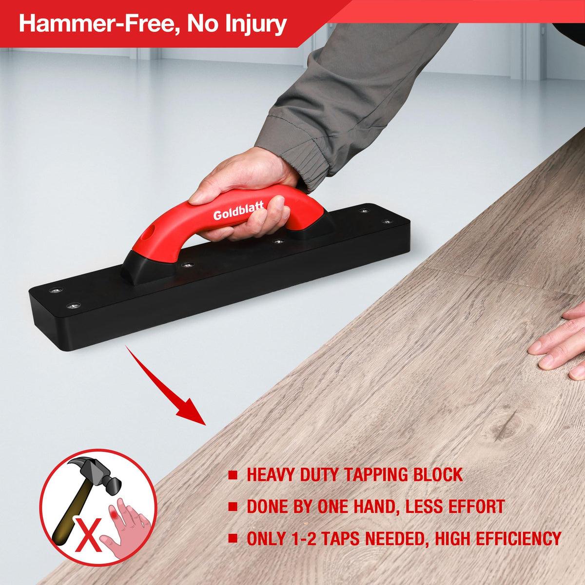 Goldblatt tapping block with built-in screws maintains a smooth, durable base.