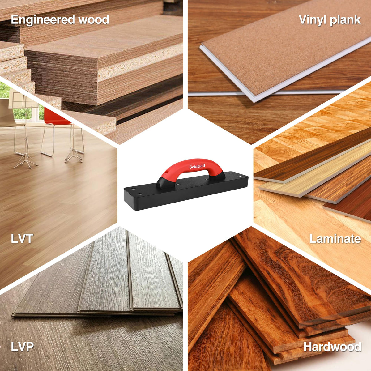 Goldblatt tapping block protects floors with rounded corners.