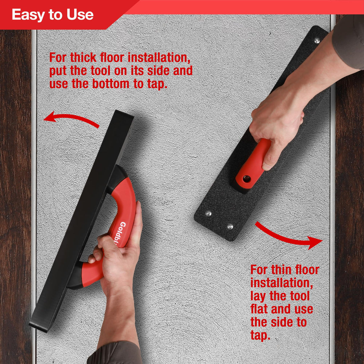 Goldblatt tapping block supports thick and thin flooring installation methods.