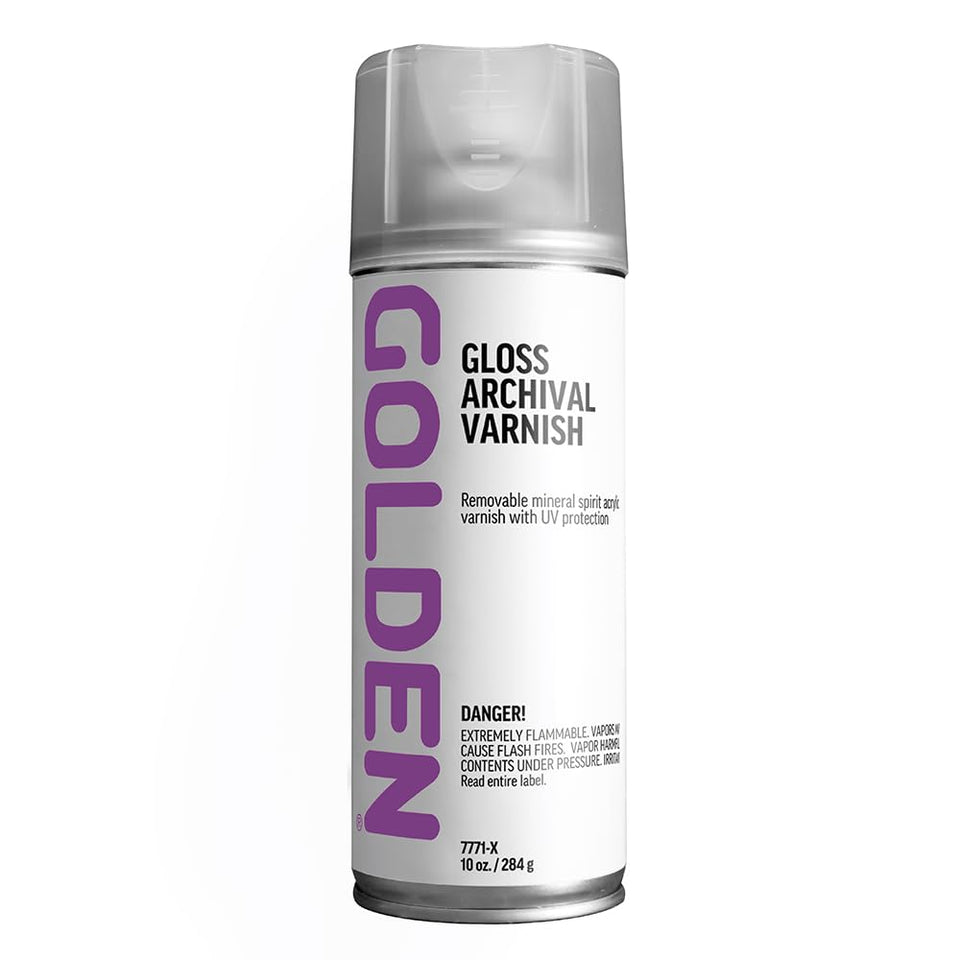 GOLDEN Gloss Archival Varnish 10 oz aerosol can protecting artwork with UV stability and ease of rework.