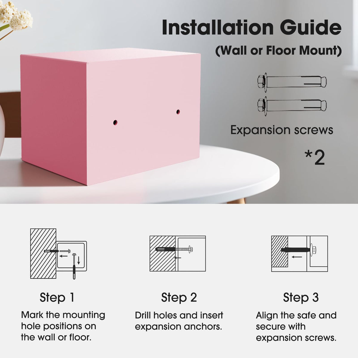 GOLDENKEY pink safe with mounting bolts for sturdy installation.