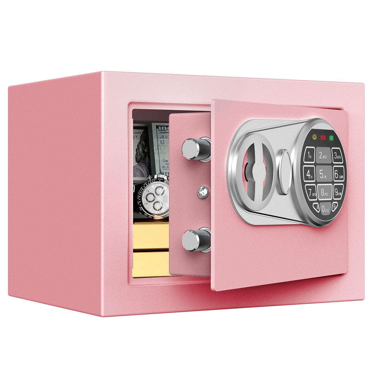 GOLDENKEY pink packaging includes safe, keys, bolts, carpet, and manual.