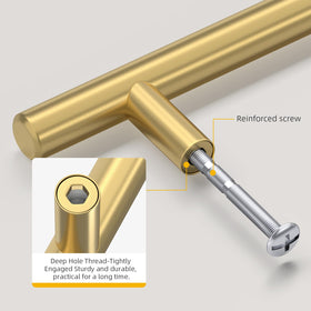 Goldenwarm 10-pack brushed gold hardware enhances modern kitchen aesthetics.