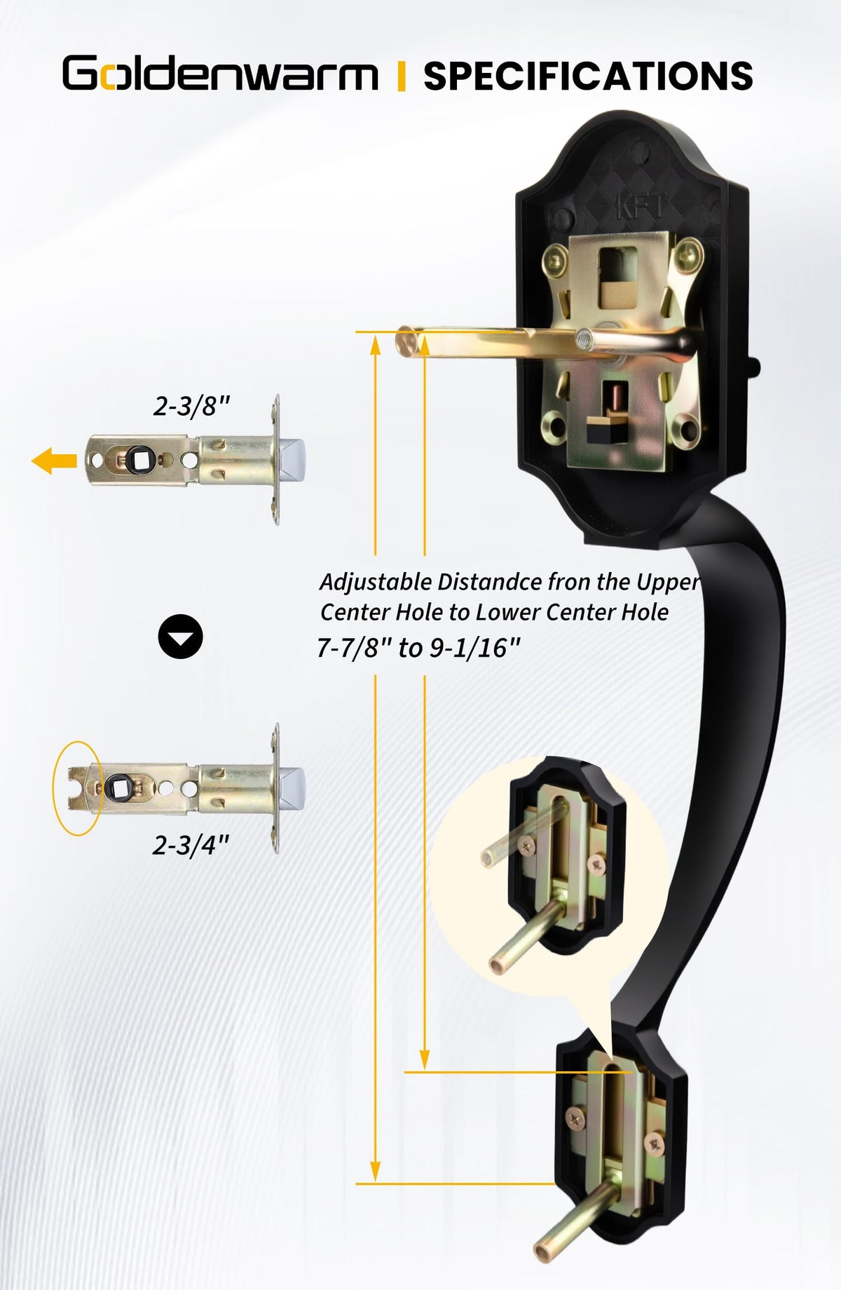 Goldenwarm adjustable latch front door handle demonstrates versatile backset compatibility.
