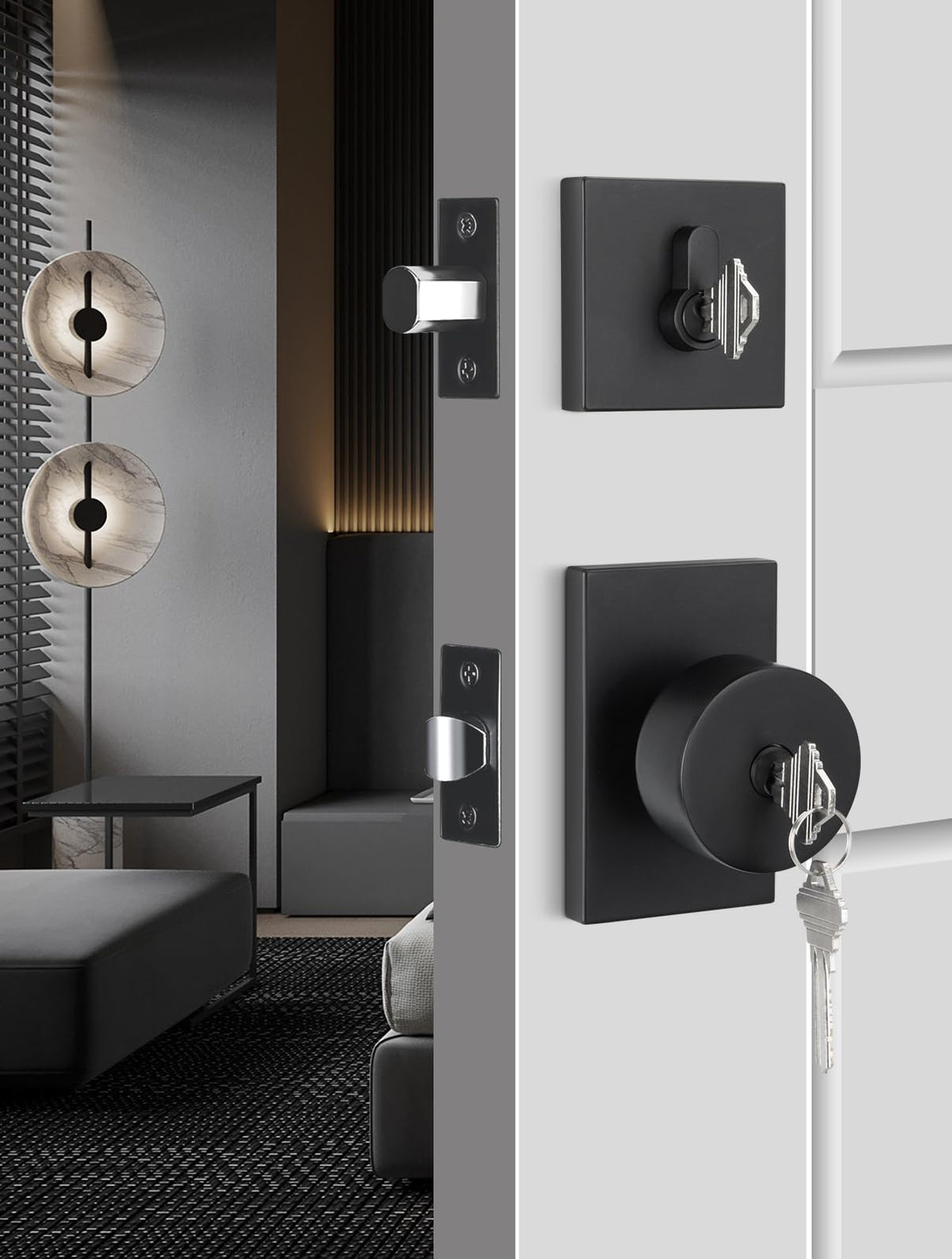 Goldenwarm black exterior door lock set front view shows square contemporary design and matte finish