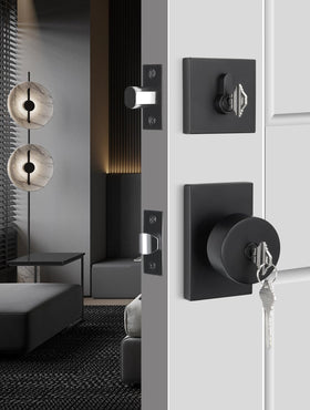 Goldenwarm black exterior door lock set front view shows square contemporary design and matte finish