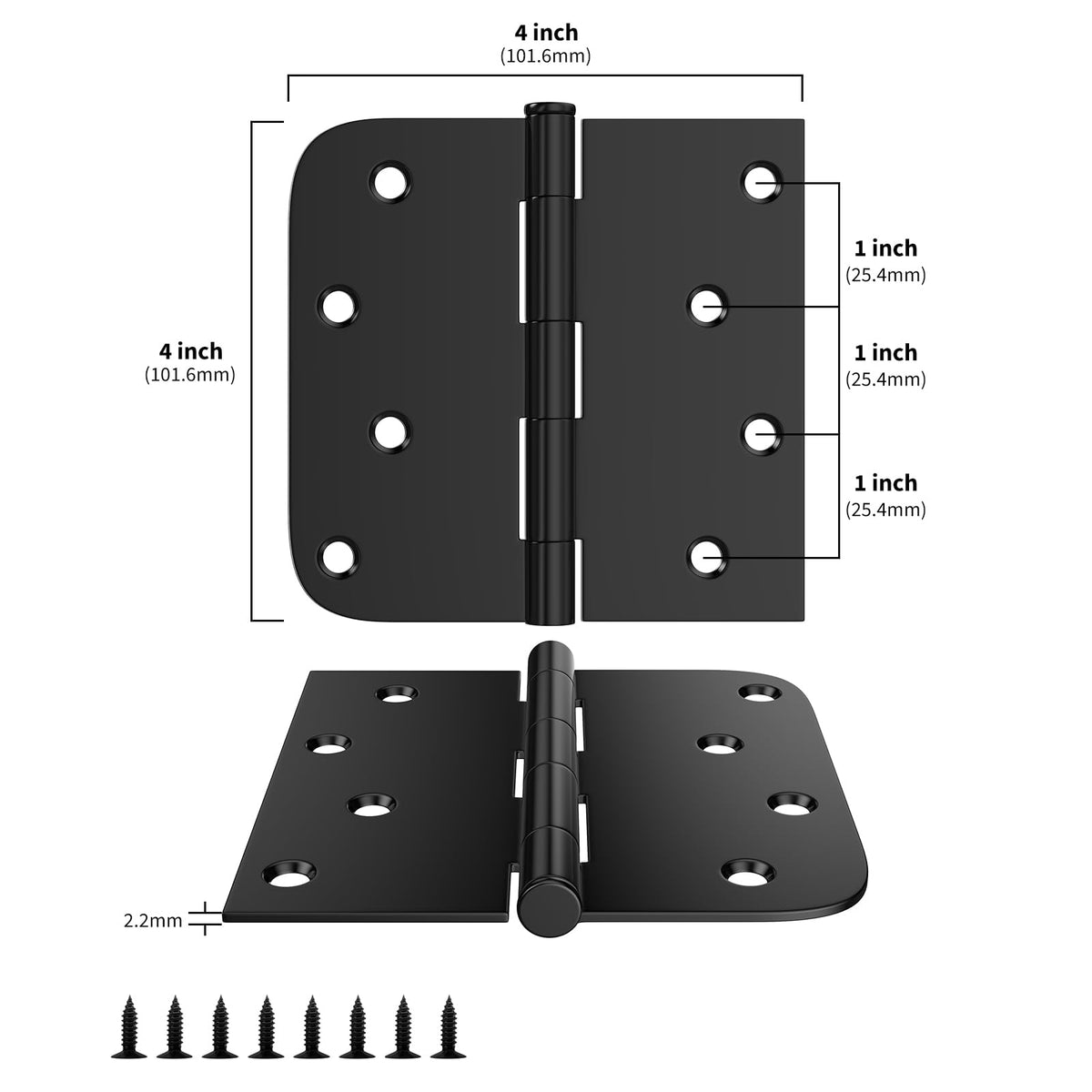 Black matte Goldenwarm hinges showing square and round corners.
