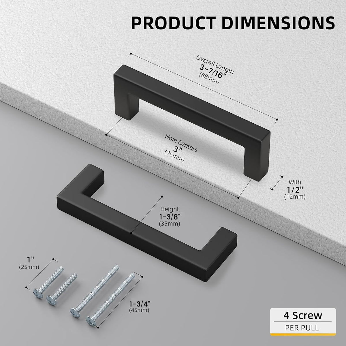 Goldenwarm black square bar pull close-up showing durable stainless steel construction