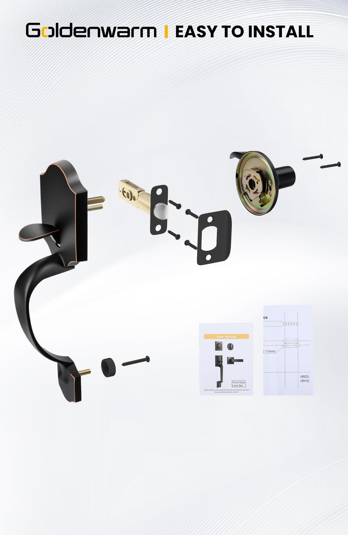 Goldenwarm bronze door handle mounted on door demonstrates exterior durability.