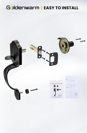 Goldenwarm bronze door handle mounted on door demonstrates exterior durability.