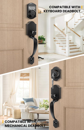 Goldenwarm bronze latch detail highlights adjustable backset for flexible installation.