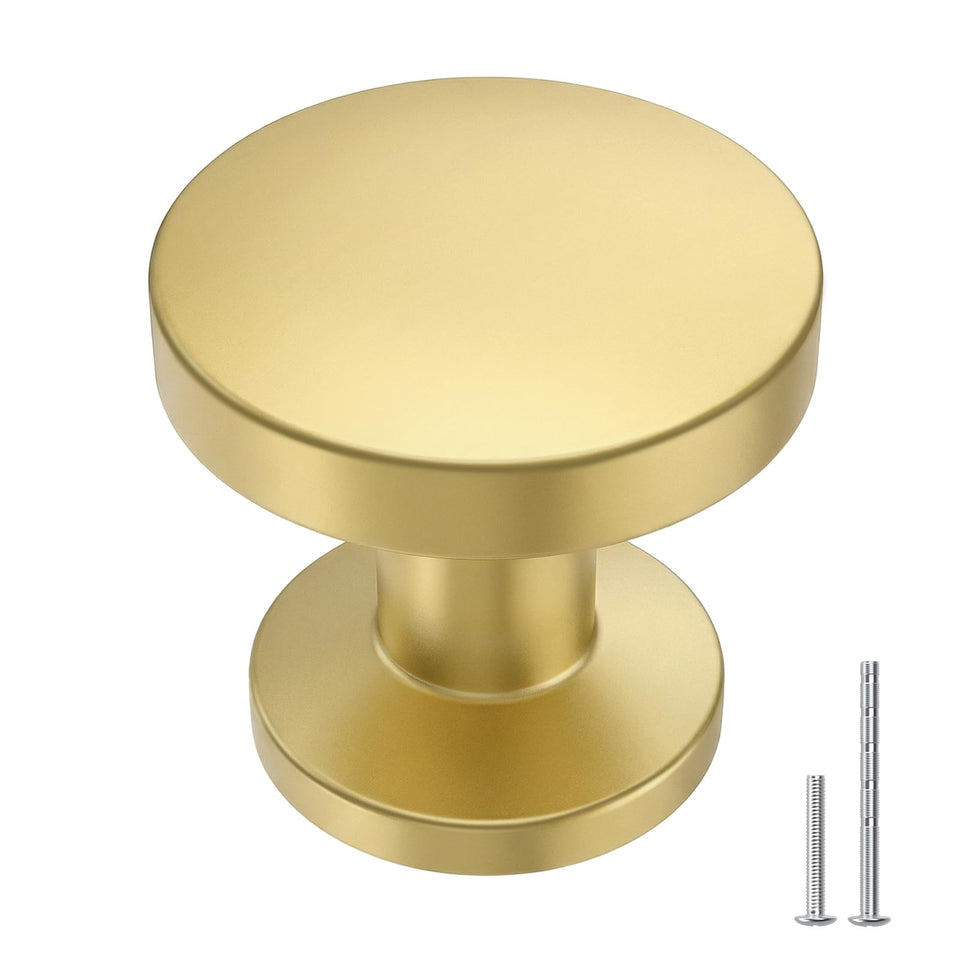 Goldenwarm brushed brass round knob, 29mm, for kitchen and bathroom cabinets.
