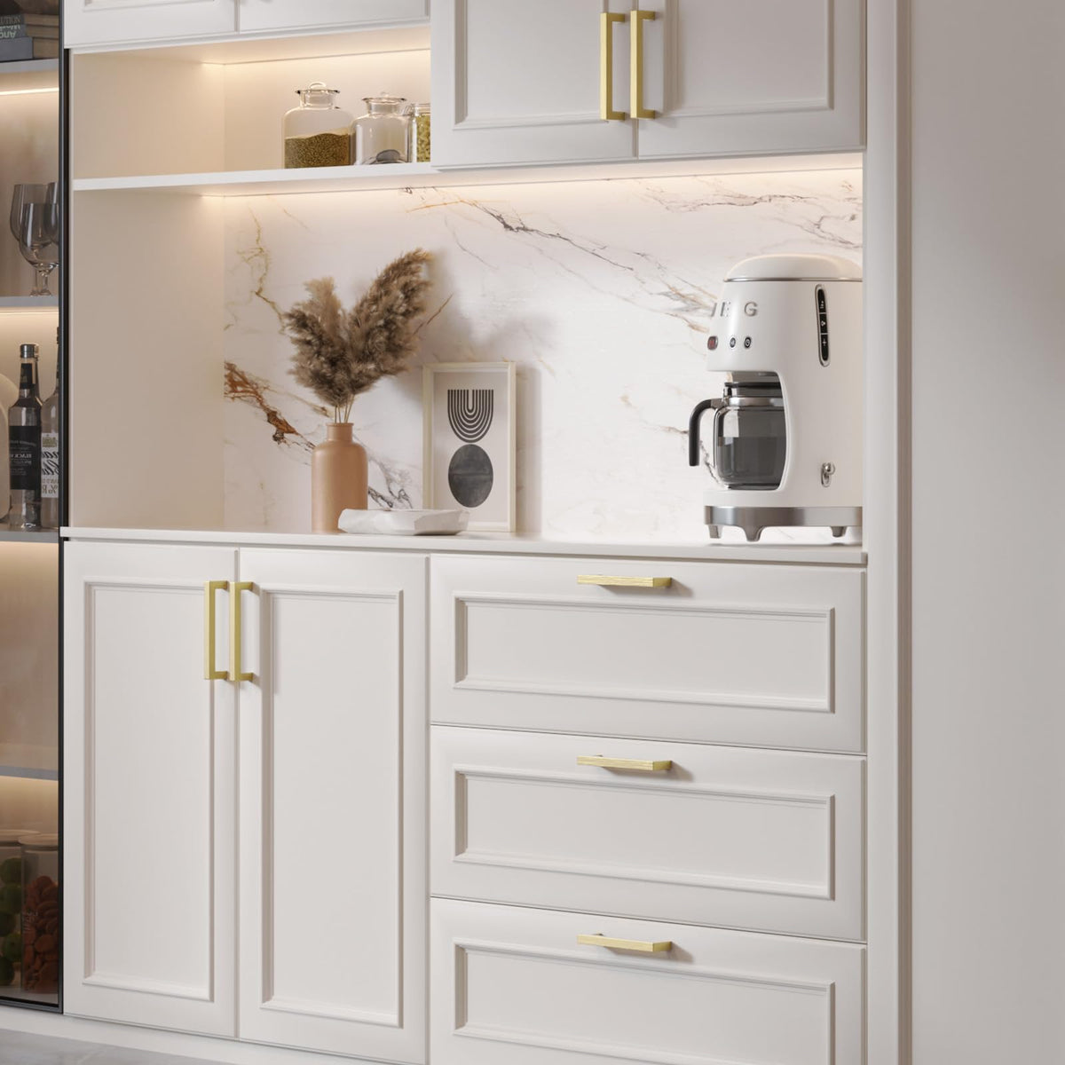 Goldenwarm brushed gold kitchen cabinet hardware shown with a contemporary finish