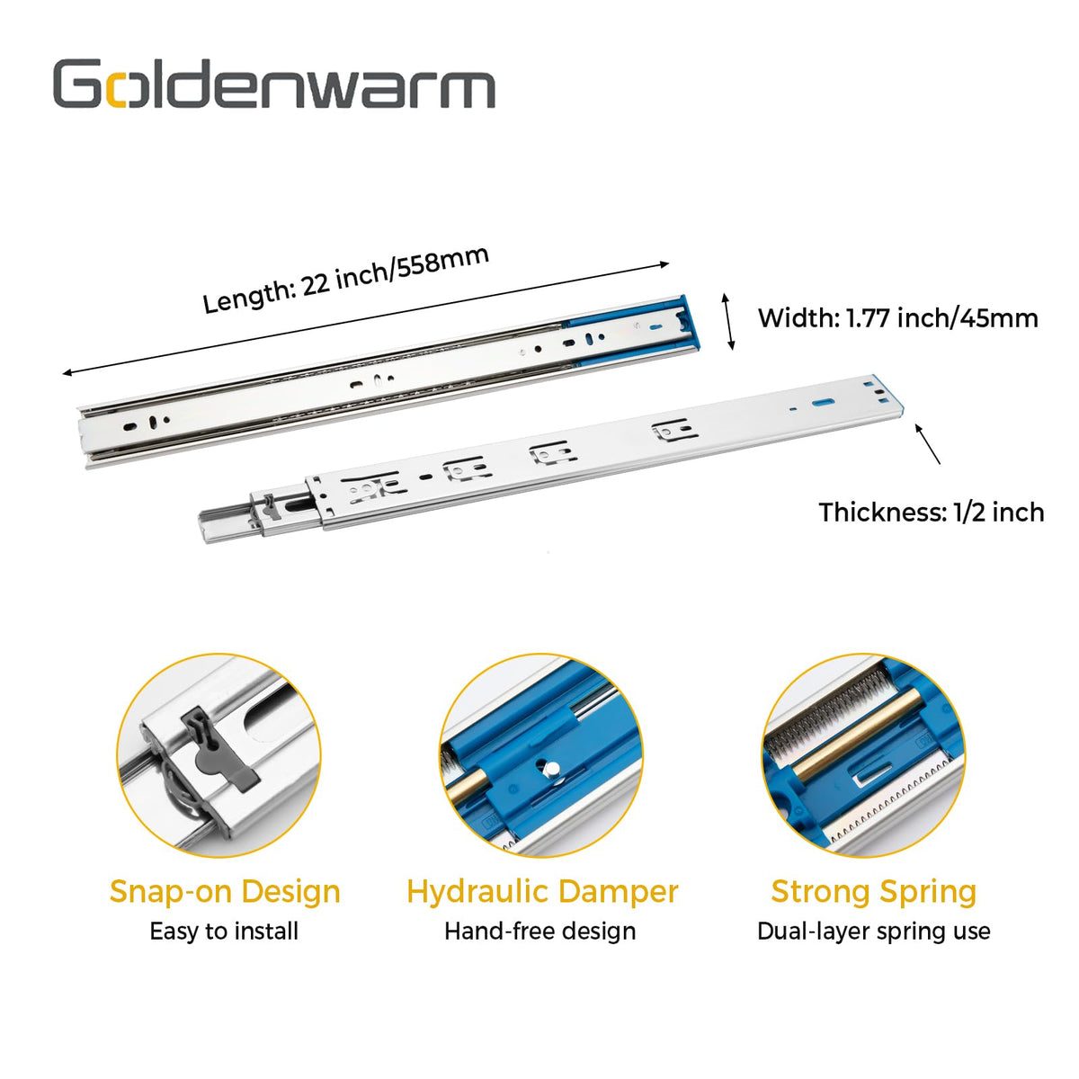 Goldenwarm full-extension ball-bearing glide offers complete drawer access.