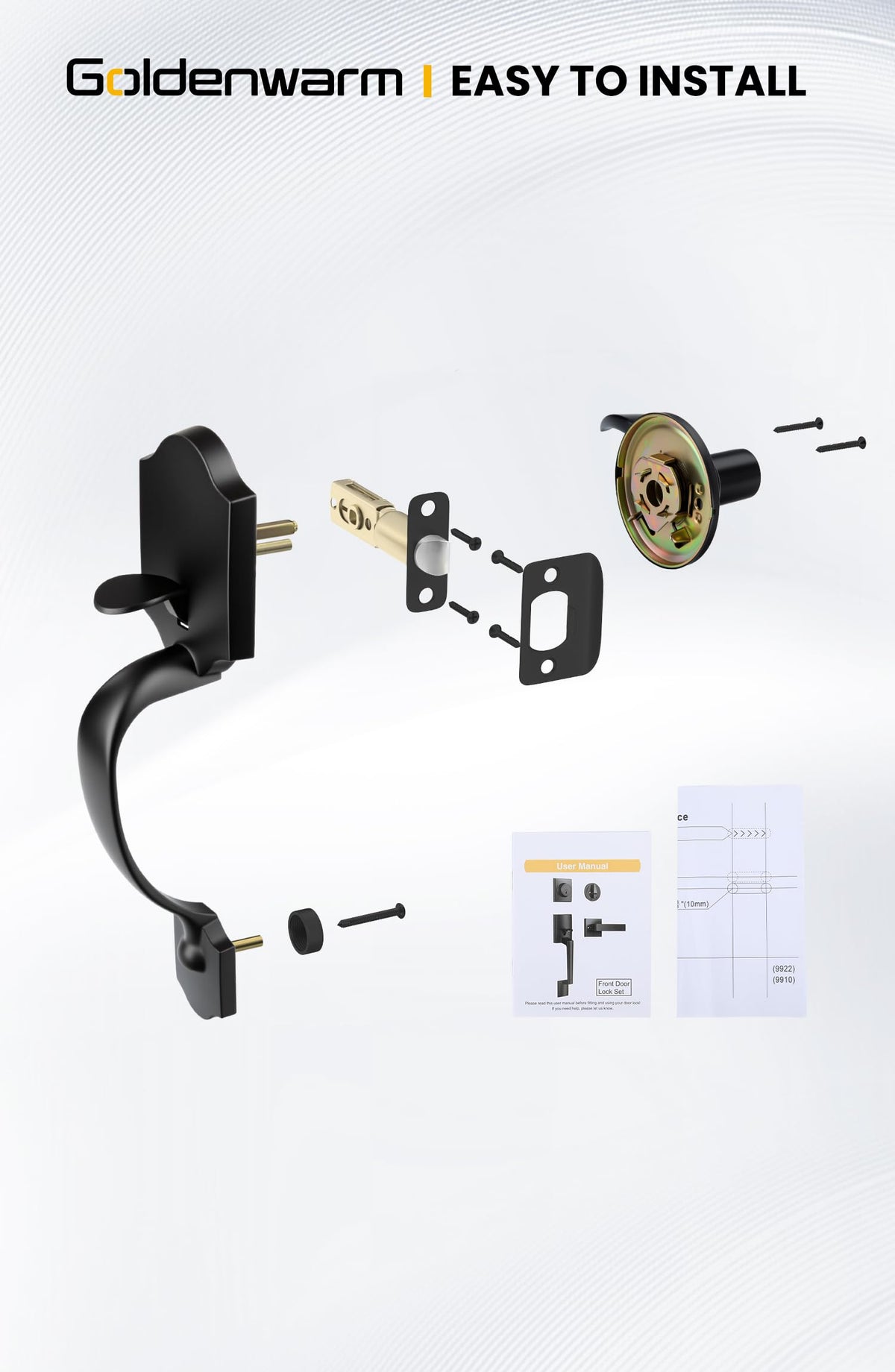Goldenwarm easy install front door handle steps shown for DIY setup.