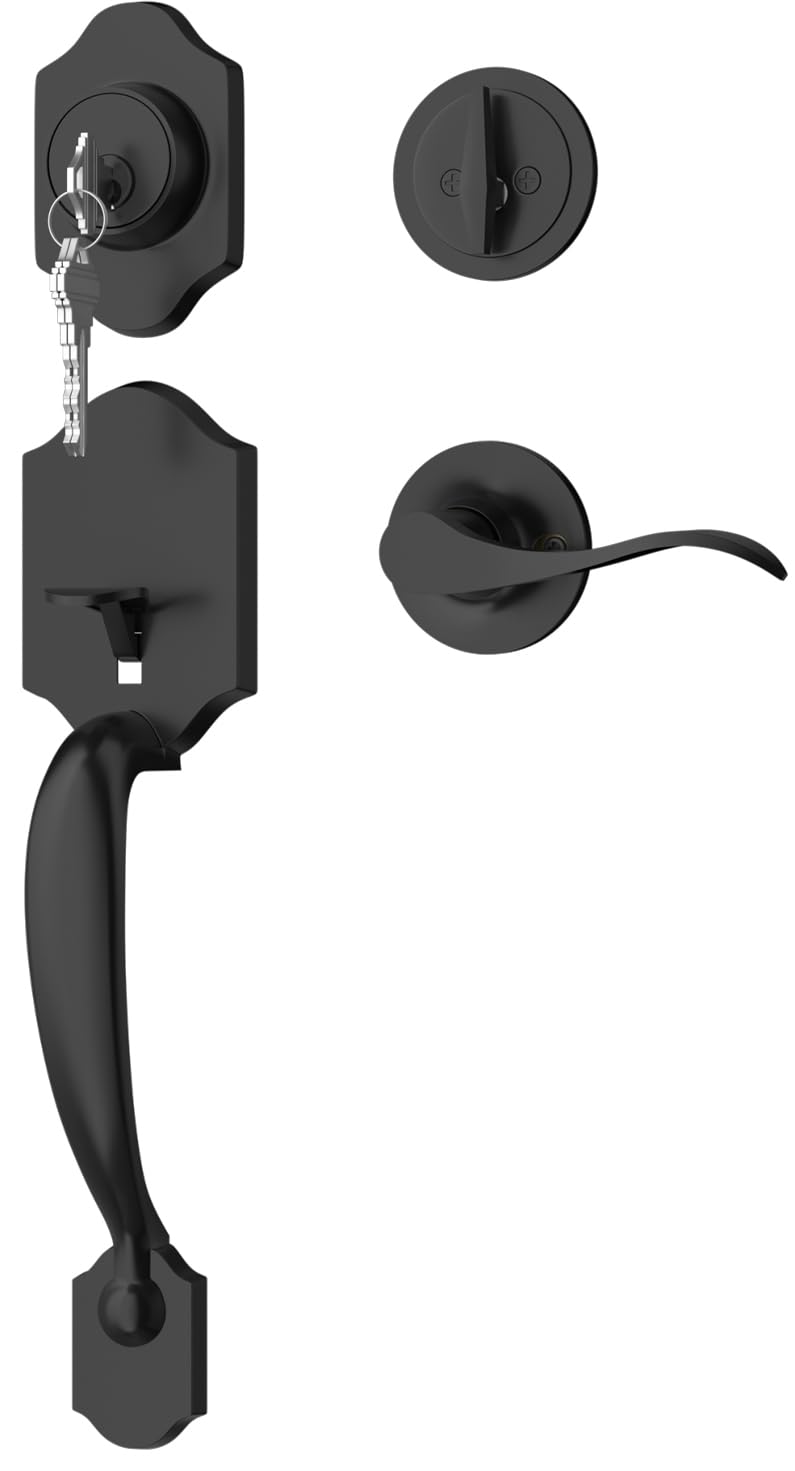 Goldenwarm front door lock set exterior view with matte black finish enhances curb appeal.