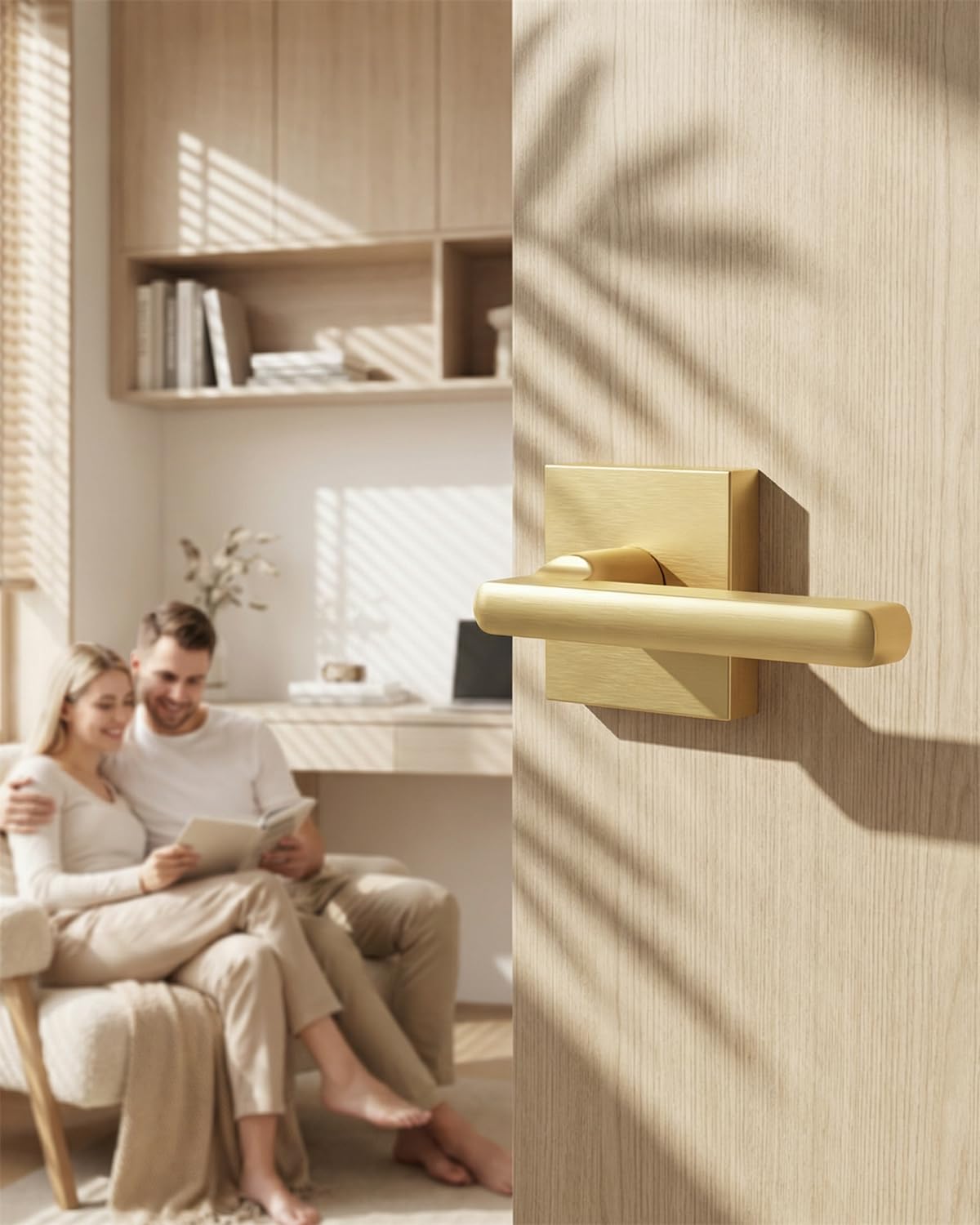 Goldenwarm brushed gold interior lever on bedroom door with modern square design