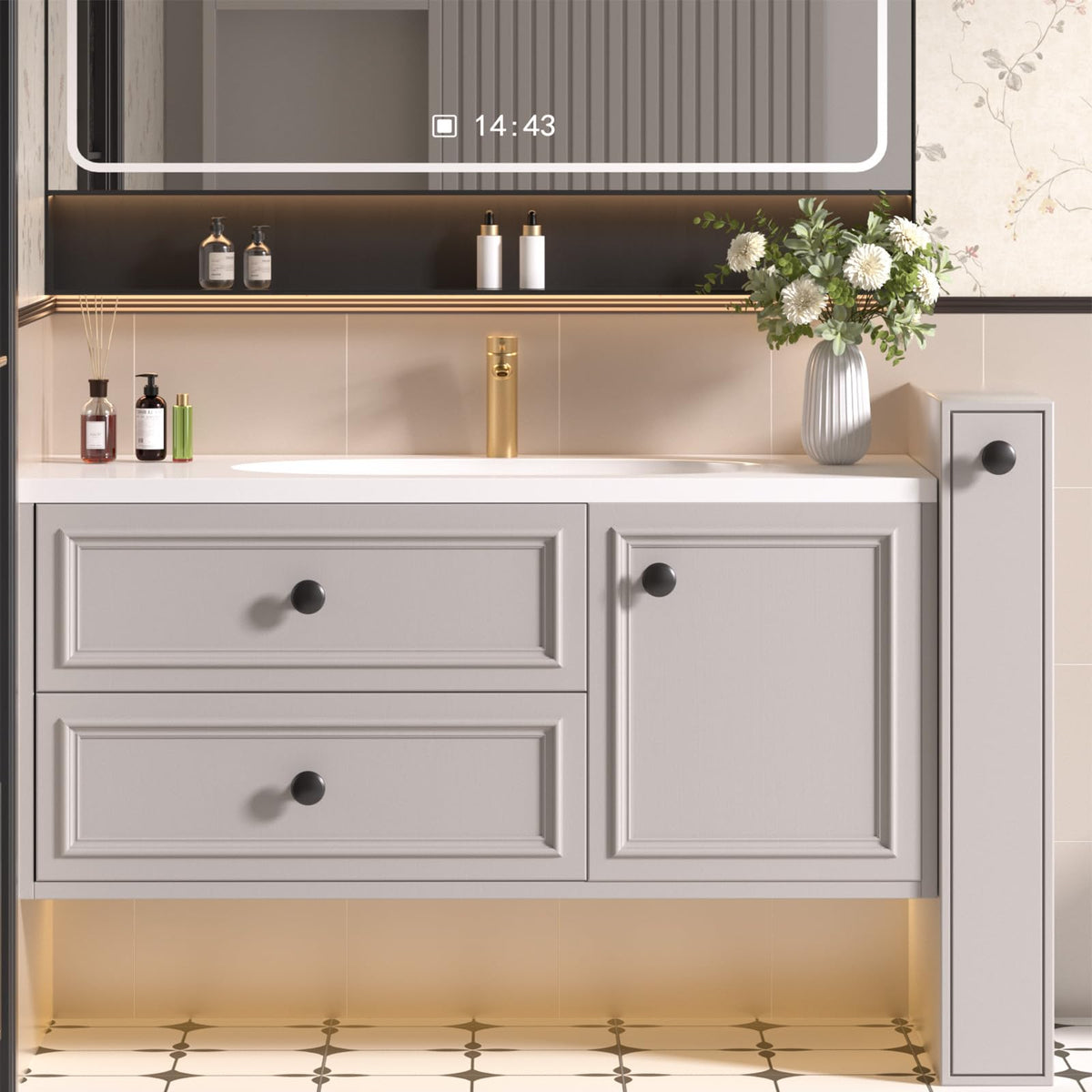 Goldenwarm installation-ready knobs provide comfortable grip on drawers.