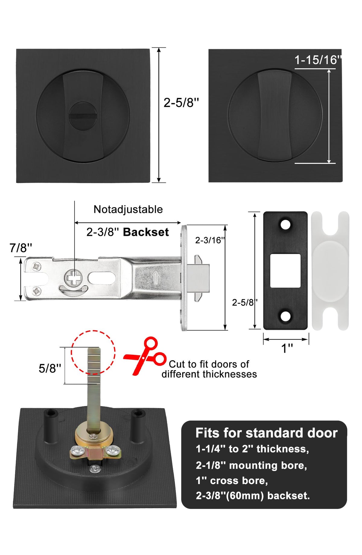 Goldenwarm latch assembly demonstrates 2-3/8 inch backset compatibility.