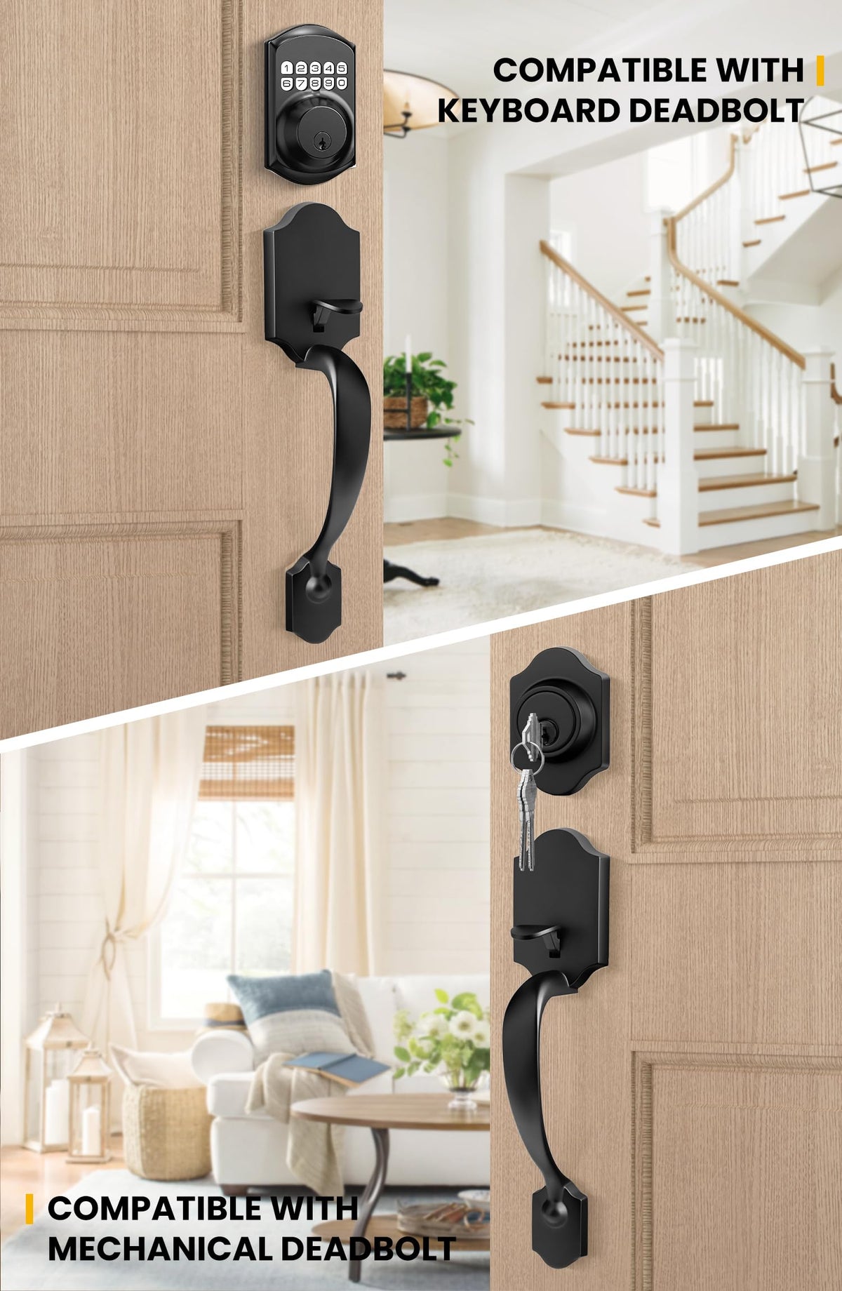 Goldenwarm matte black front door handle closeup highlights durable zinc alloy construction.