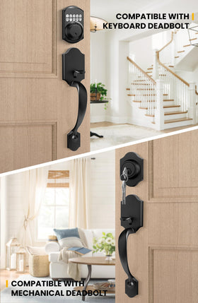 Goldenwarm matte black front door handle closeup highlights durable zinc alloy construction.