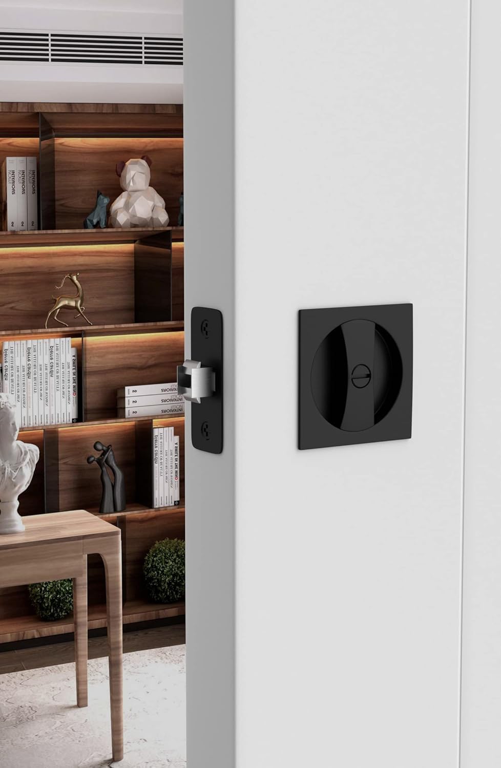 Goldenwarm matte black pocket door lock side view showing durable zinc alloy finish.