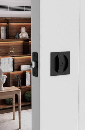 Goldenwarm matte black pocket door lock side view showing durable zinc alloy finish.