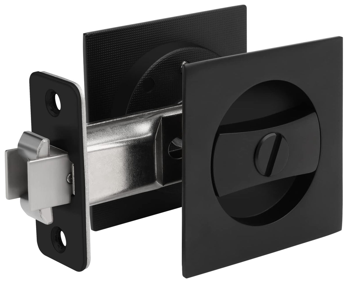 Goldenwarm matte black square pocket door lock for a sleek, secure closure.