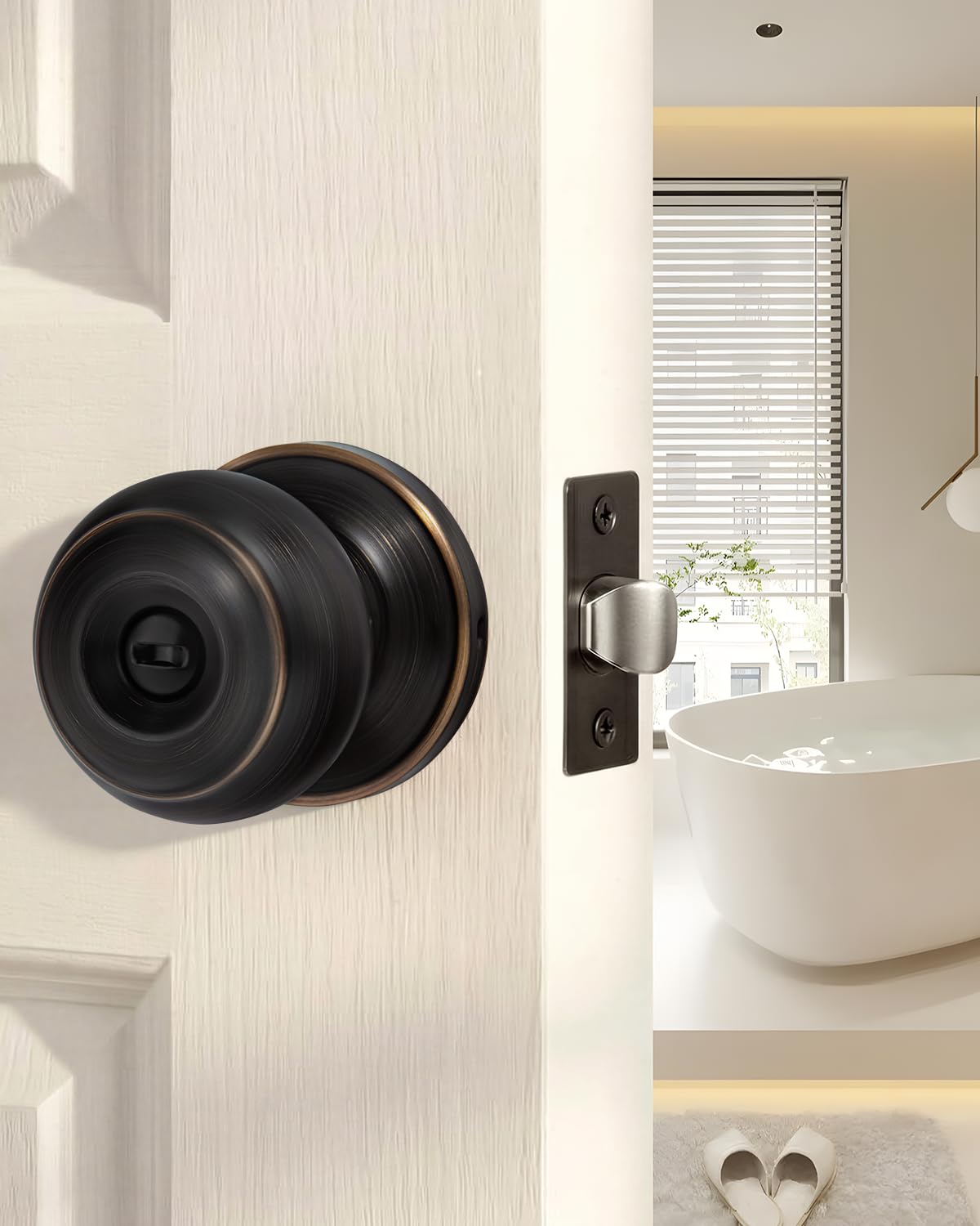 Goldenwarm bronze privacy knob with inside thumb-turn for bedroom use.