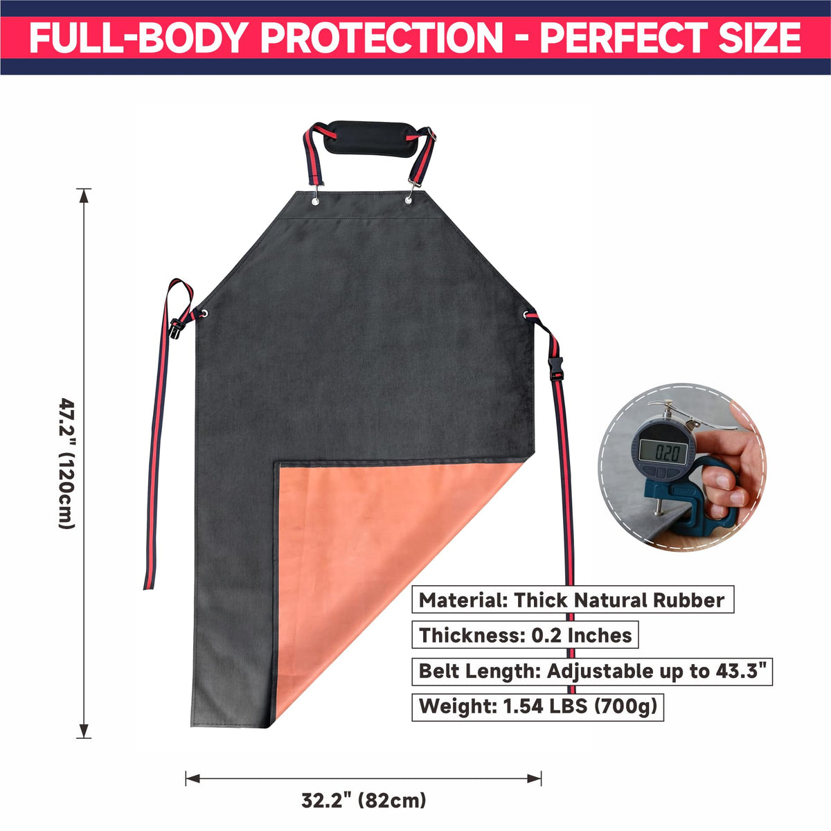 GoldPig thick rubber apron with adjustable neck strap for a comfortable, secure fit.